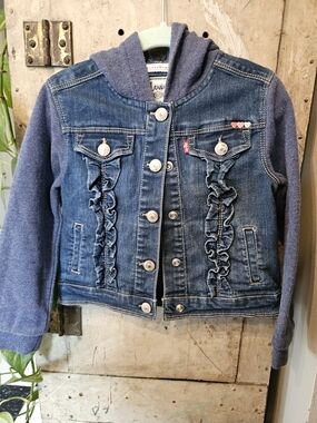 Levi's Girls' Denim Ruffle Jacket with Knit Hood - Blue